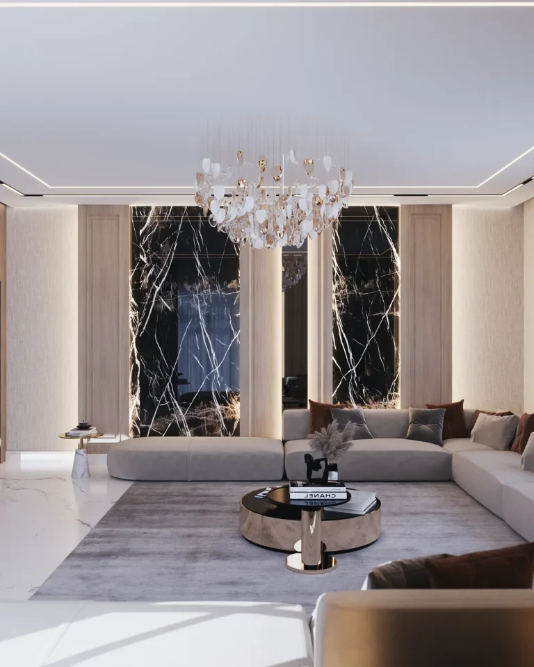 Women's majlis with a black marble feature wall and perimeter seating