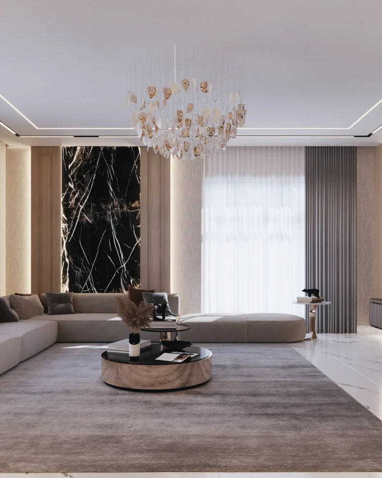 Women's majlis looking towards the windows, a crystal chandelier over the low table