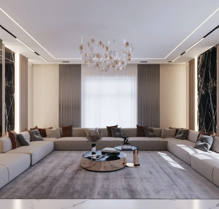 Women's majlis, the full seating arrangement under a sculptural chandelier