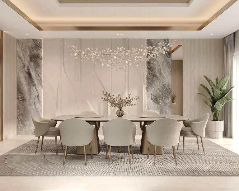 Dining room with a marble feature wall and a blossom chandelier over ten seats