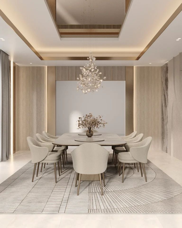 Dining room from the entrance, the table centred under the chandelier