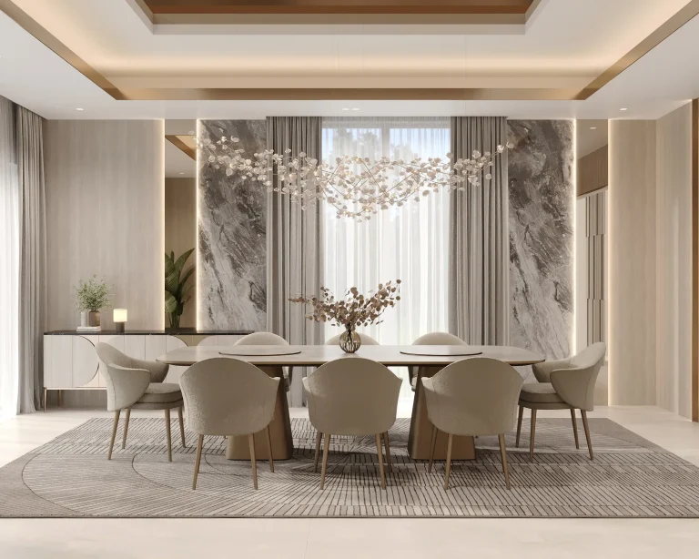 Dining room with daylight through sheer curtains along the marble wall