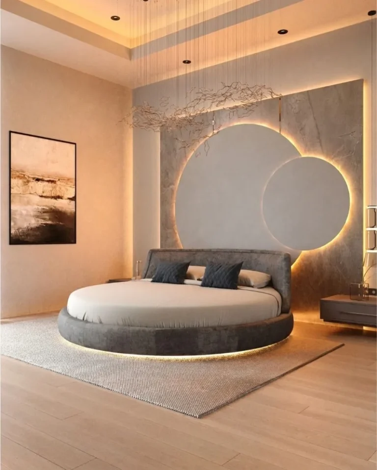 Principal bedroom from the window, the headboard wall lit behind the bed