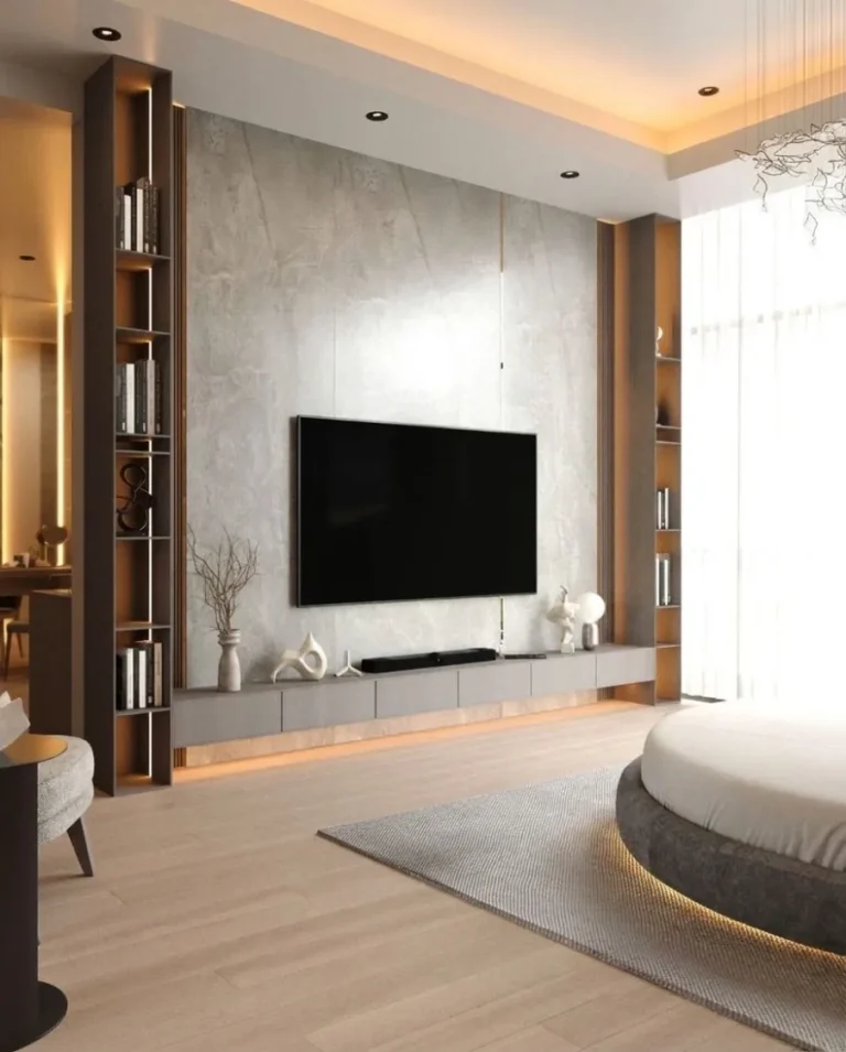 Bedroom media wall in marble with open display shelving