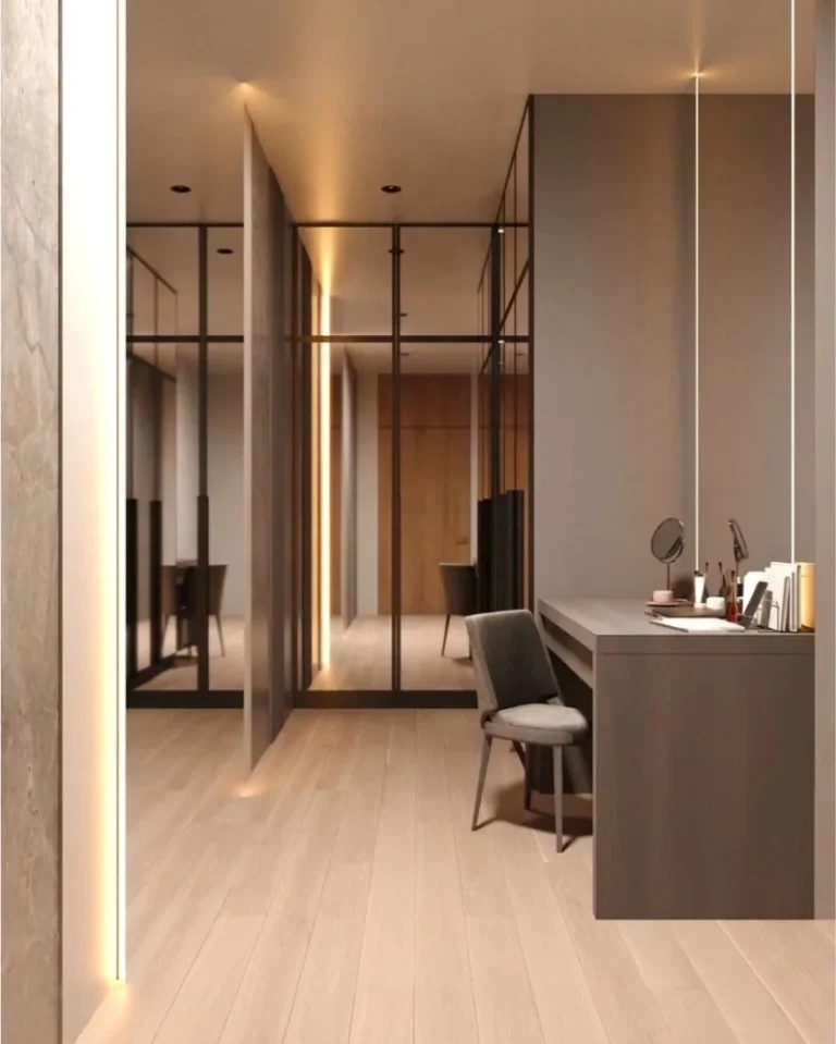 Dressing room with framed glass joinery and a vanity along the window