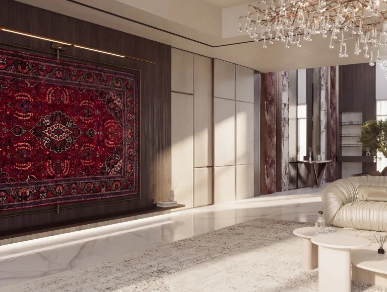 Gallery wall with a Persian rug mounted as artwork on dark timber panelling