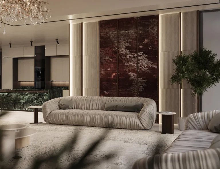 Family living room with chinoiserie panels and the green marble kitchen beyond