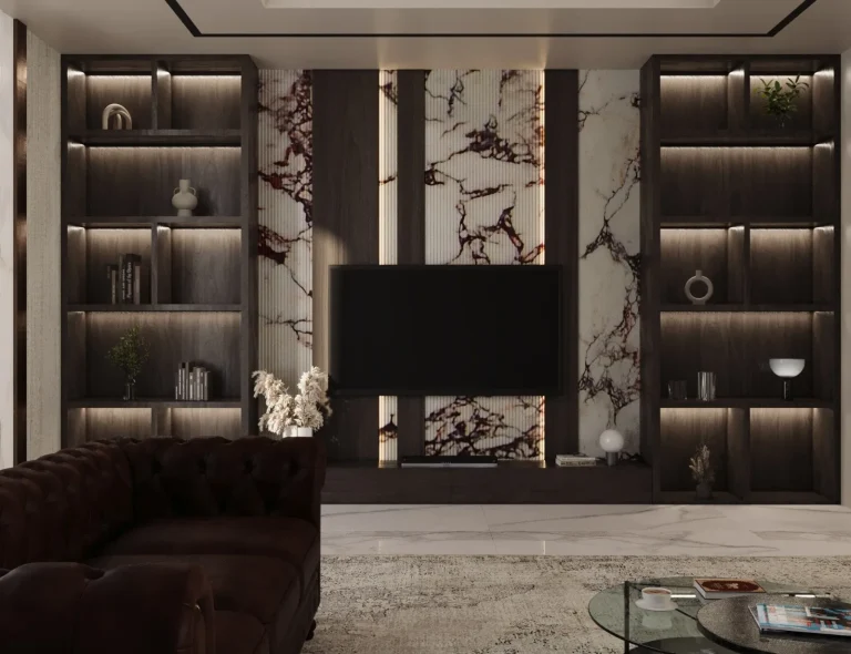 Media wall with backlit display shelving, marble inlay and a chesterfield sofa