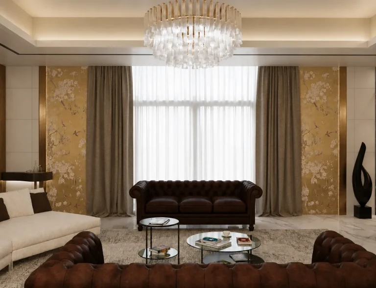 Lounge with a chesterfield sofa, warm drapery and a crystal chandelier