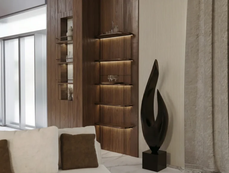 Display shelving and a sculpture against a full-height window