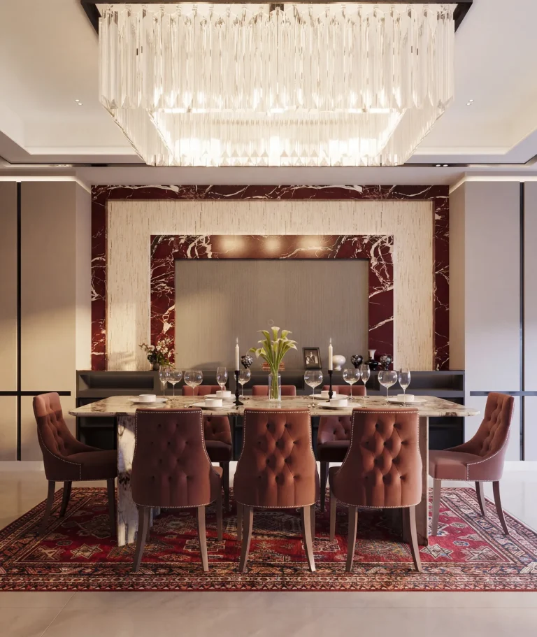 Dining room with a marble feature wall and a linear crystal chandelier over eight seats