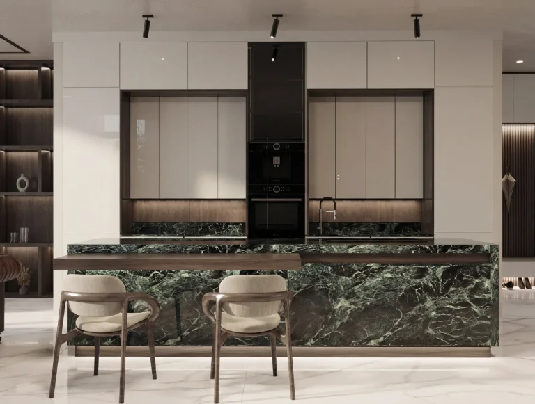 Kitchen with a green marble island and integrated joinery