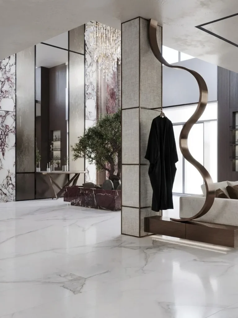 Dressing area with a full-height mirror and a bronze rail